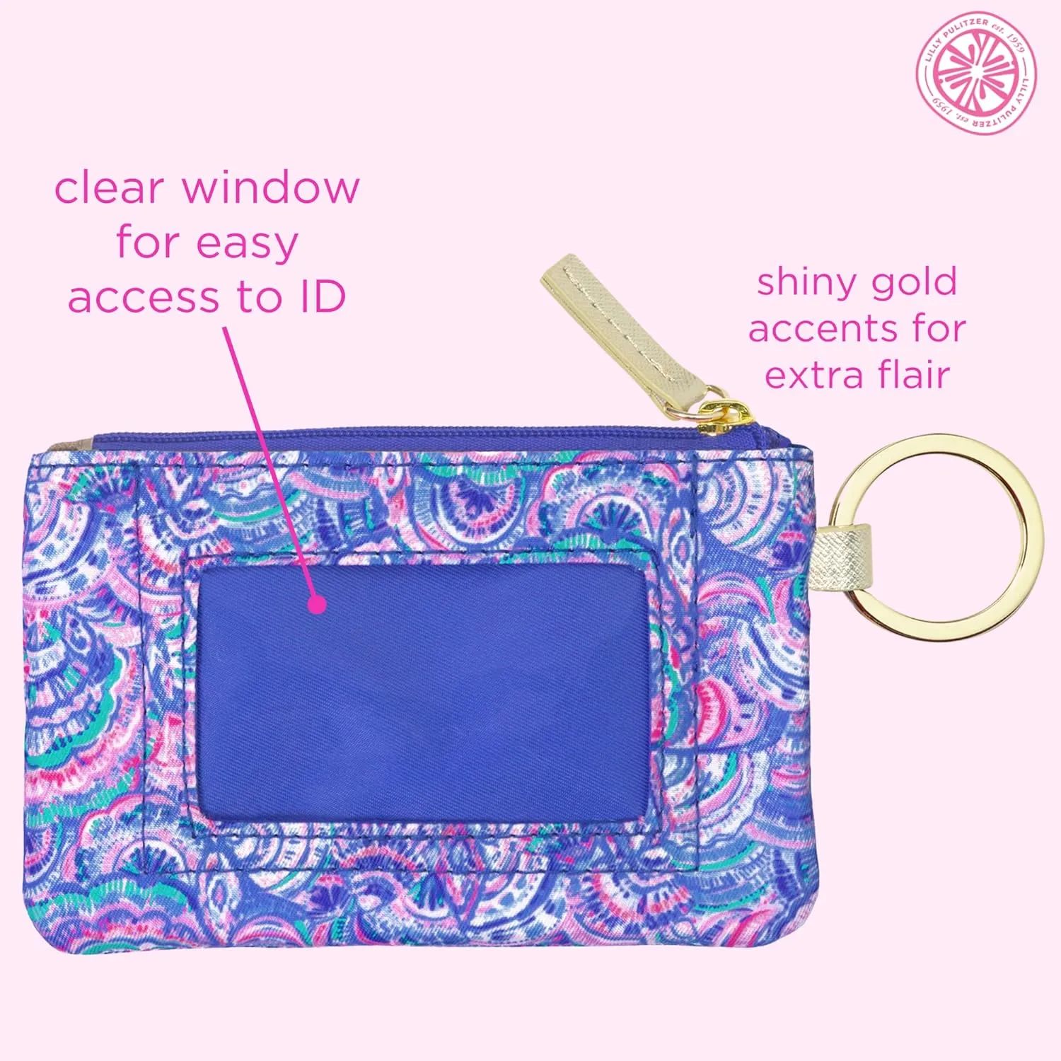 Lilly Pulitzer ID Holder Wallet, Blue Keychain Wallet with Zip Close, Cute Card and ID Case for Women, Happy As A Clam