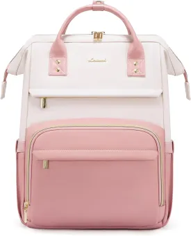 LOVEVOOK Leather Backpack for Women,17 inch Leather Laptop Backpack Women,Professional Work Backpack Nurse College Teacher Bag,Womens Laptop Tote Bag Computer Travel Backpack Purse,Beige White-Pink