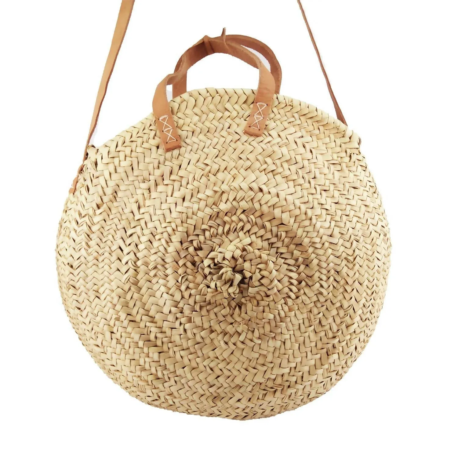 Moroccan Round Straw Bag With Double Leather Handle