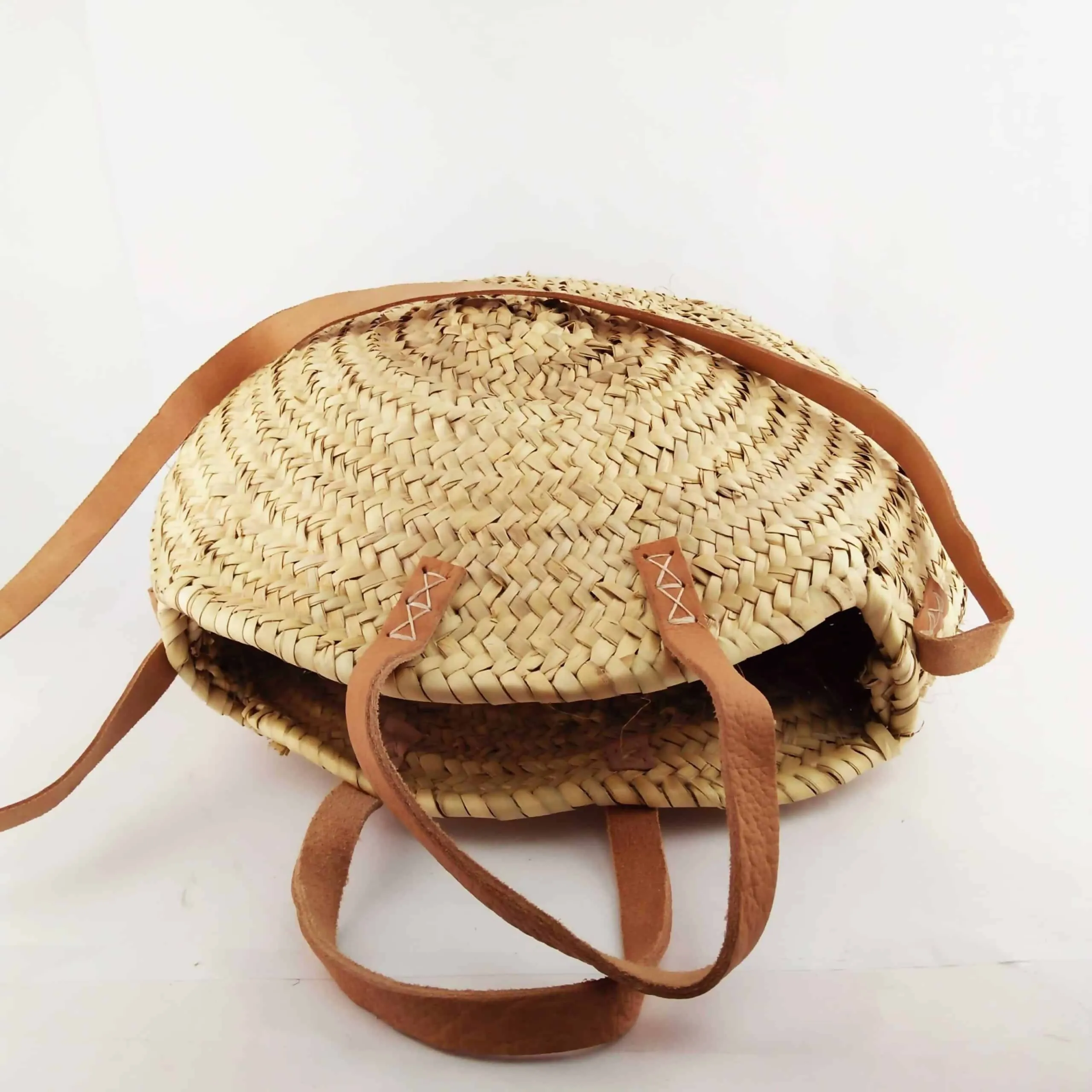 Moroccan Round Straw Bag With Double Leather Handle