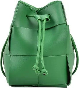 MYSNKU Women's Mini Woven Bucket Bag, Square Lattice Drawstring Leather Small Hobo Handbag Crossbody Handbags Soft Adjustable (Green)