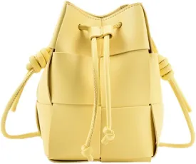 MYSNKU Women's Mini Woven Bucket Bag, Square Lattice Drawstring Leather Small Hobo Handbag Crossbody Handbags Soft Adjustable (Yellow)