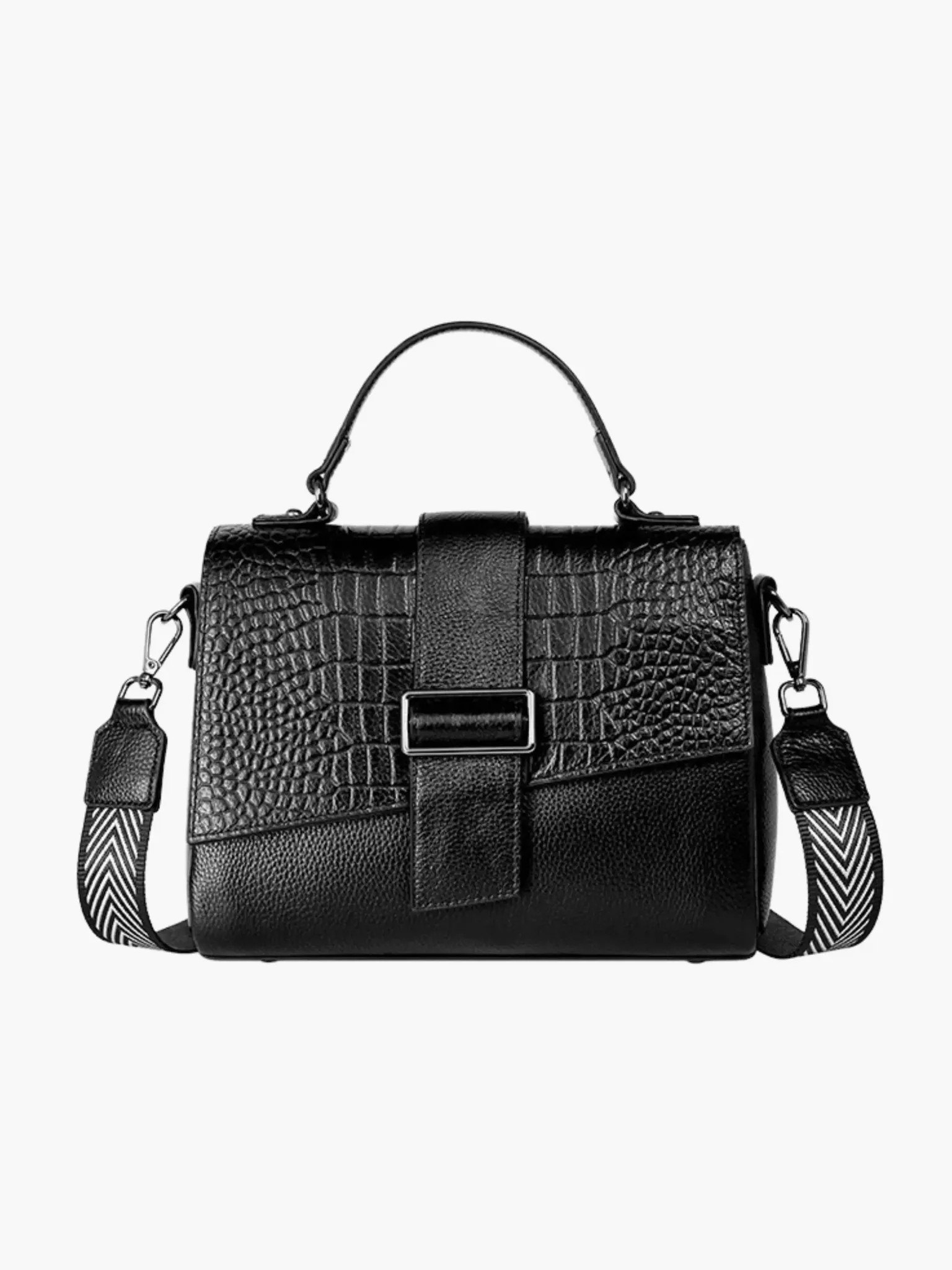 Natalia | Croc-Embossed Satchel with Patterned Strap
