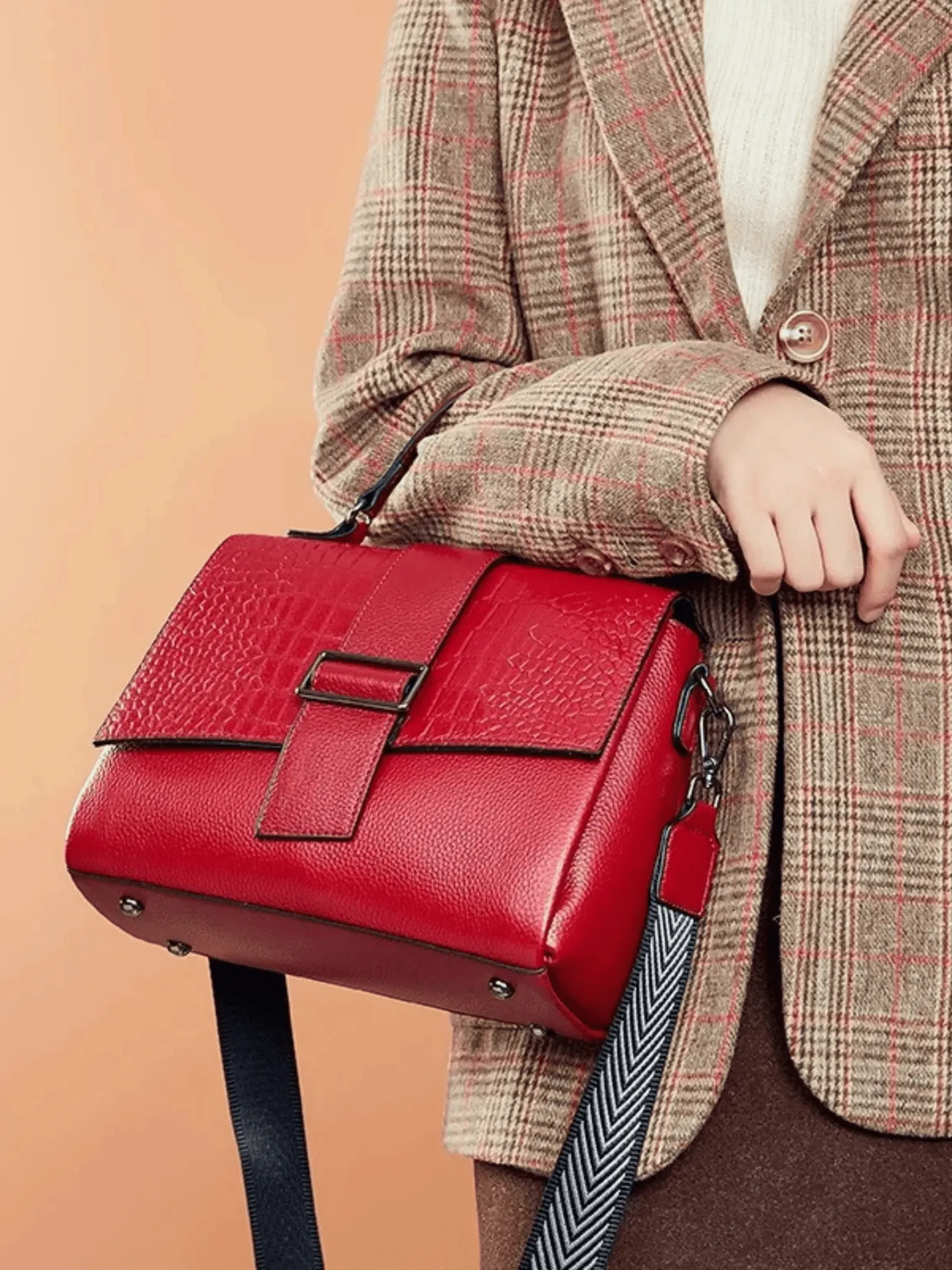 Natalia | Croc-Embossed Satchel with Patterned Strap