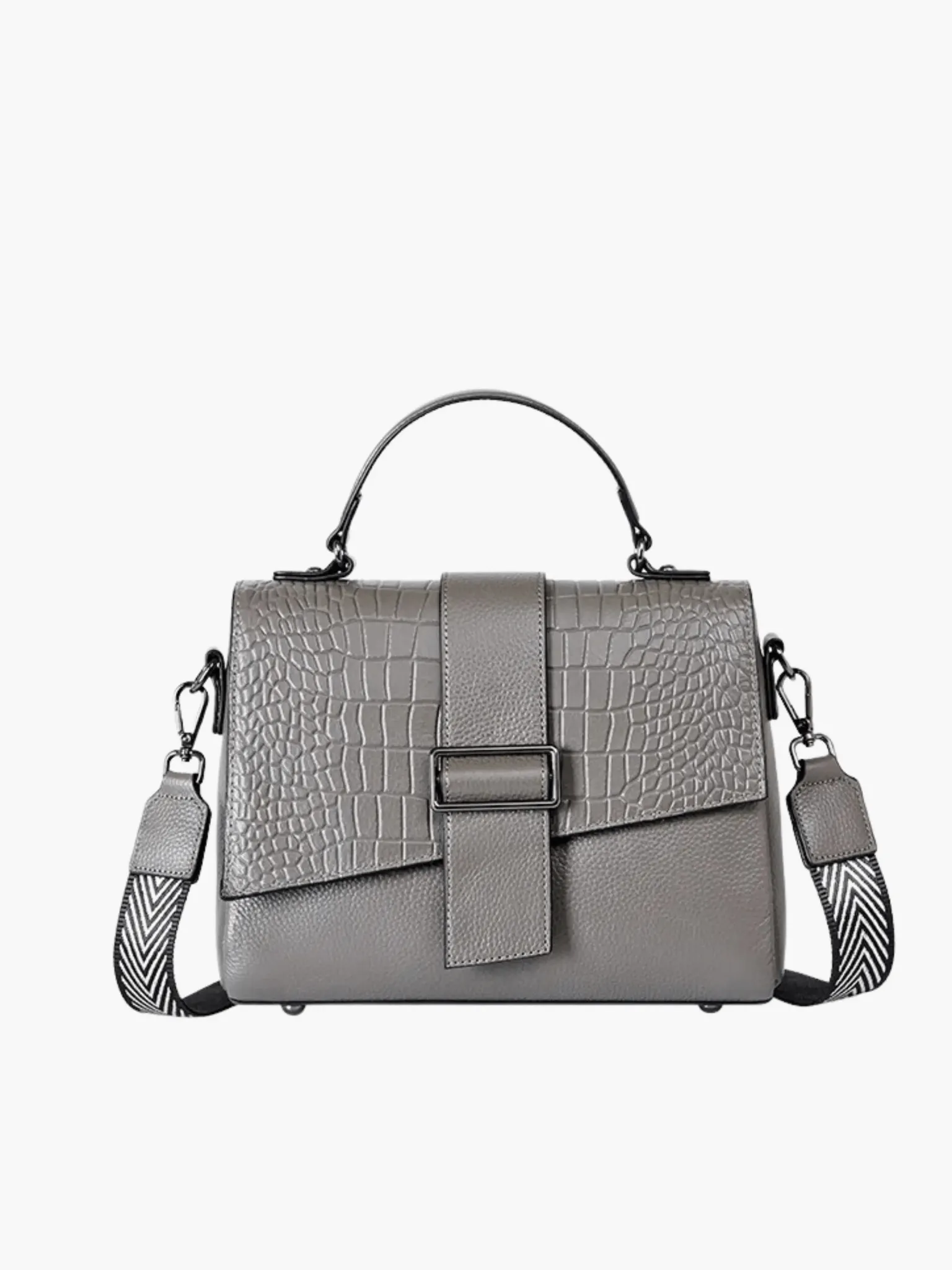 Natalia | Croc-Embossed Satchel with Patterned Strap