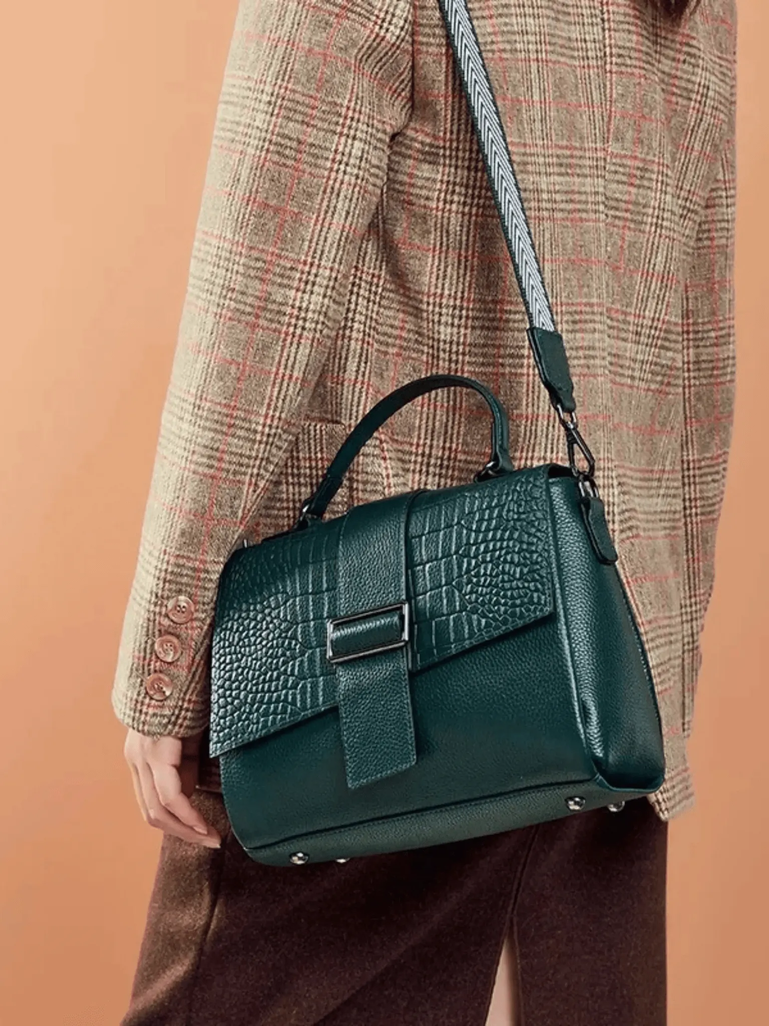 Natalia | Croc-Embossed Satchel with Patterned Strap