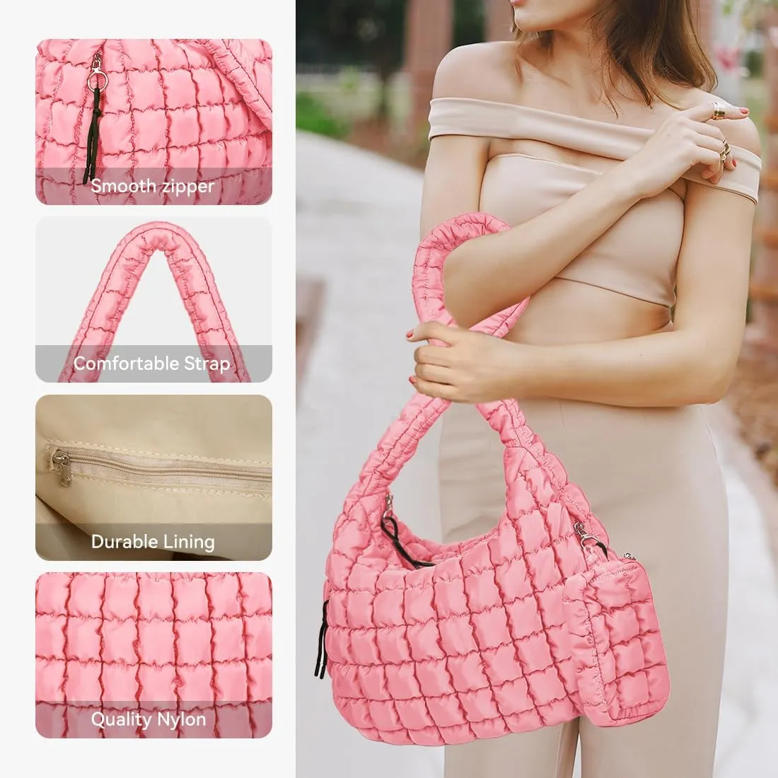 Puffer Tote Bag for Women Large Quilted Crossbody Bag Hobo Crossbody Lightweight Padding Puff Purse Tote Bag for Women