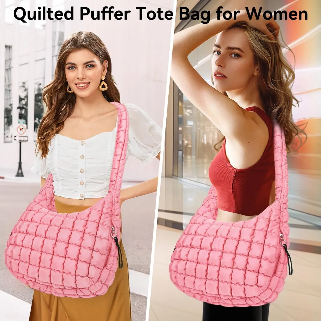 Puffer Tote Bag for Women Large Quilted Crossbody Bag Hobo Crossbody Lightweight Padding Puff Purse Tote Bag for Women