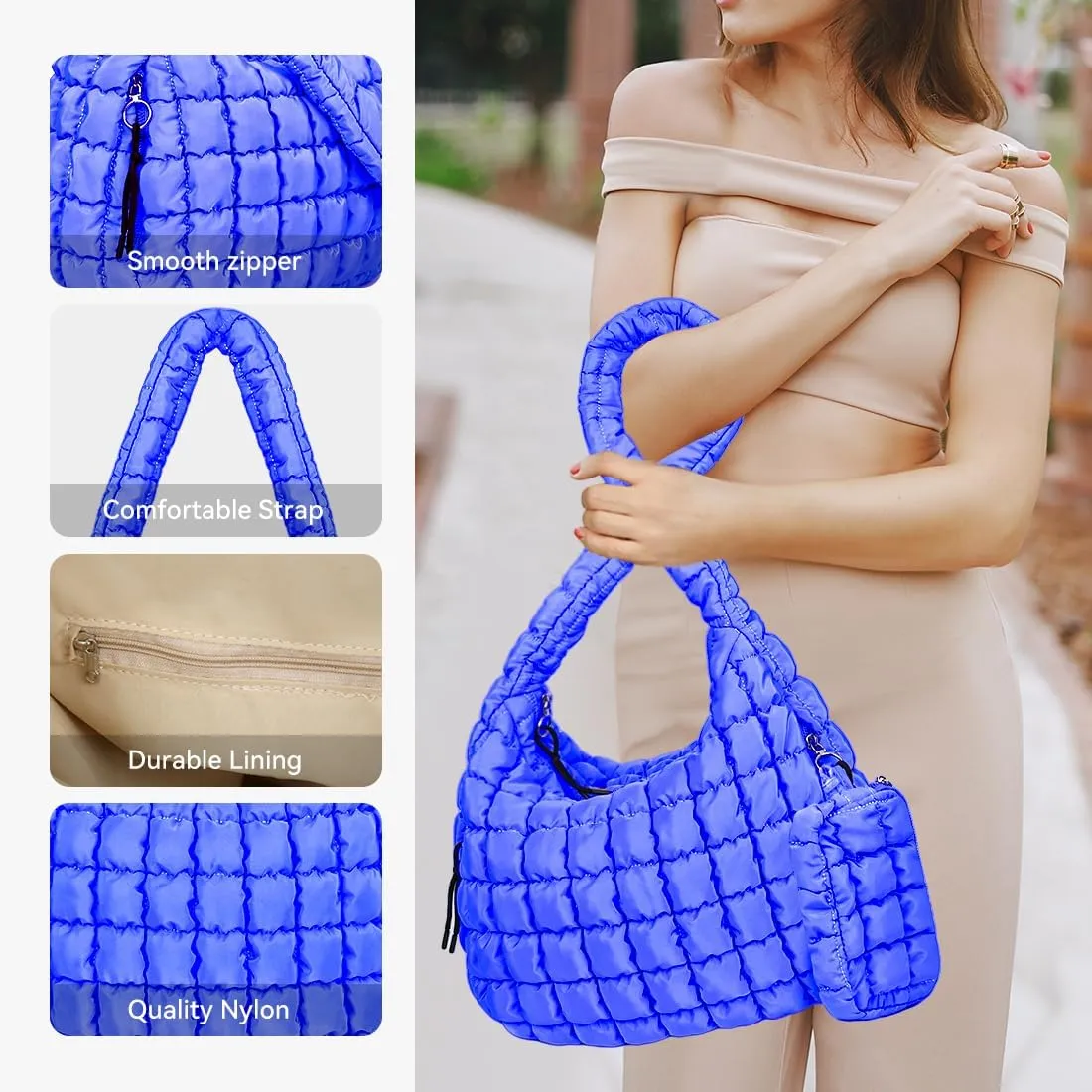 Puffer Tote Bag for Women Large Quilted Crossbody Bag Hobo Crossbody Lightweight Padding Puff Purse Tote Bag for Women