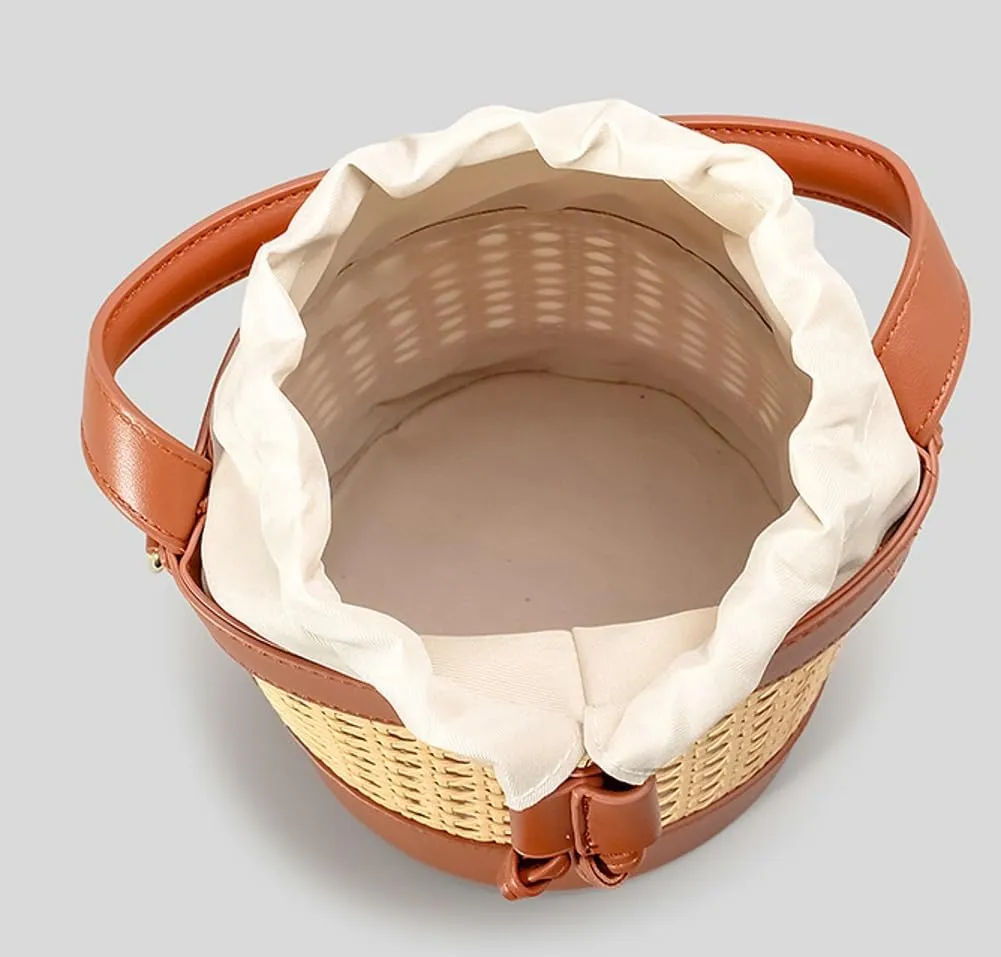 Rattan Straw Tote Bucket Bag for Women - PU Leather Summer Beach Holiday Purse