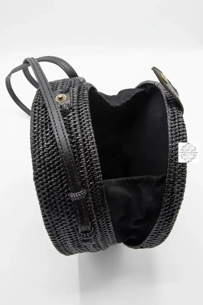Round Black Ata Straw Bag with Crossbody Strap - Natural 8" Rattan Bag, Straw Purse, Boho Wicker, Batik Lining, Bali
