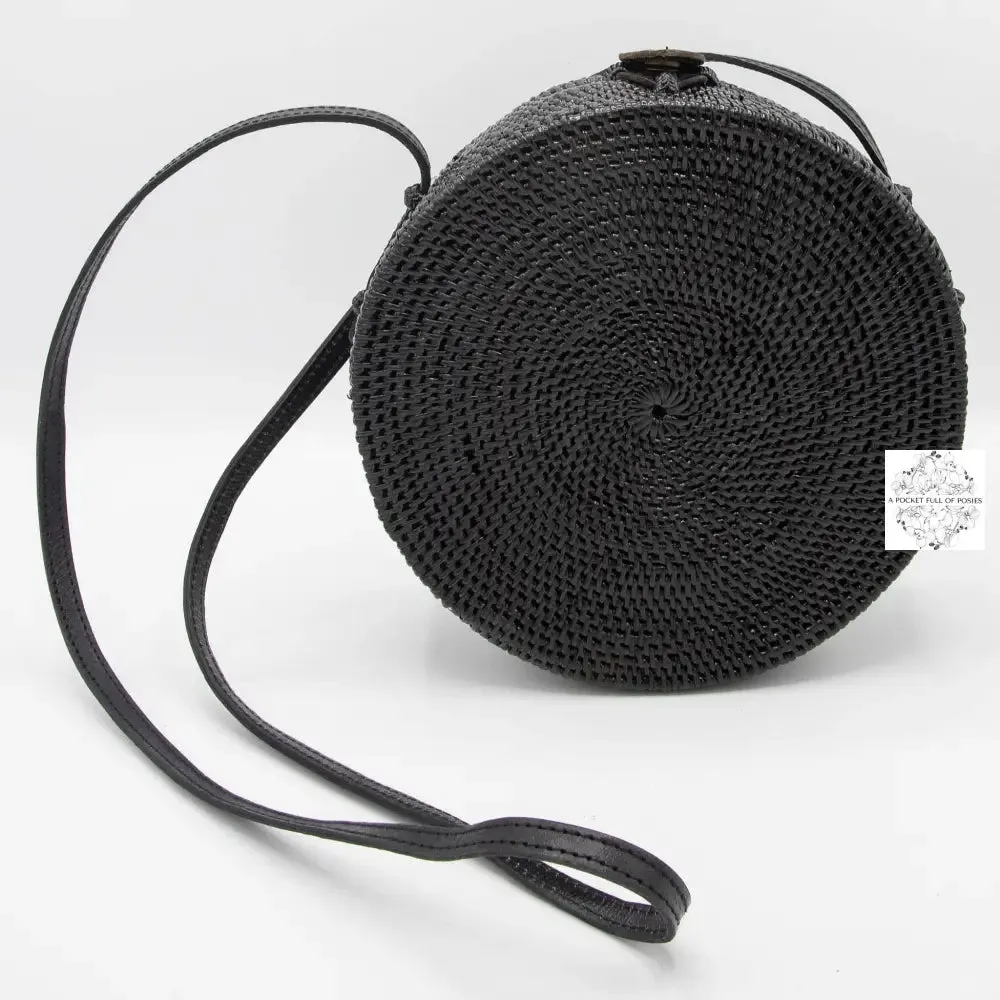 Round Black Ata Straw Bag with Crossbody Strap - Natural 8" Rattan Bag, Straw Purse, Boho Wicker, Batik Lining, Bali