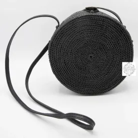 Round Black Ata Straw Bag with Crossbody Strap - Natural 8" Rattan Bag, Straw Purse, Boho Wicker, Batik Lining, Bali