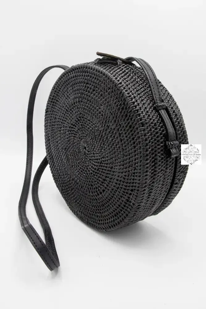 Round Black Ata Straw Bag with Crossbody Strap - Natural 8" Rattan Bag, Straw Purse, Boho Wicker, Batik Lining, Bali