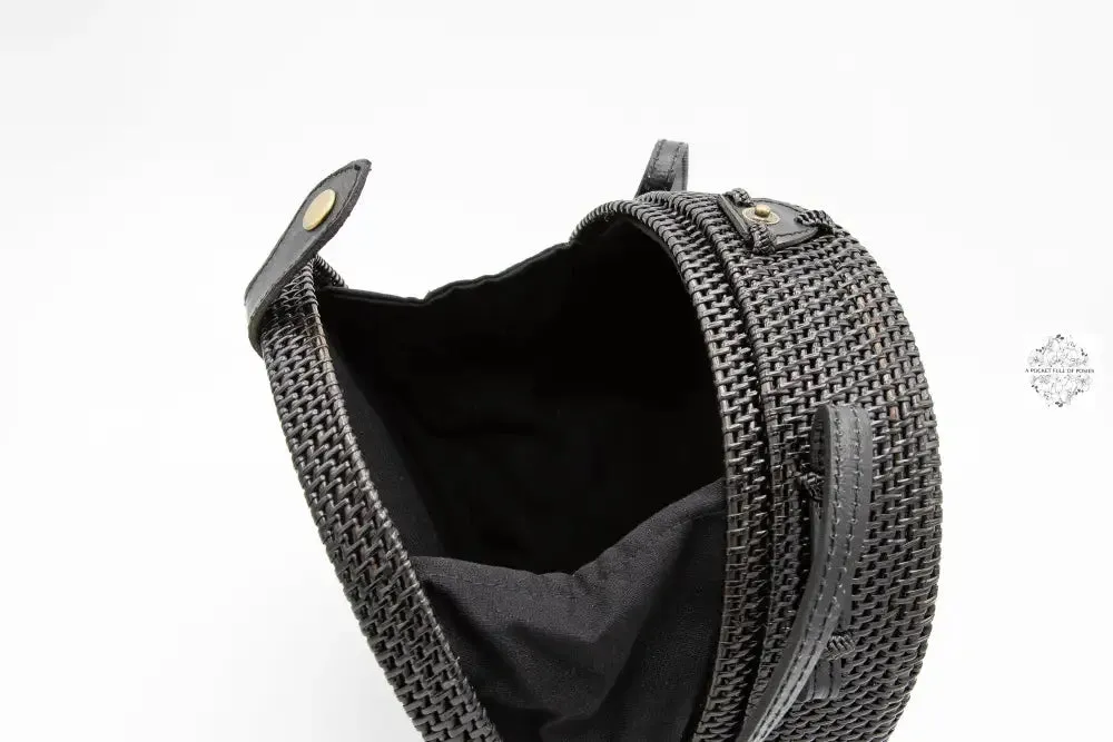 Round Espresso-Wine Ata Straw Bag-Crossbody Strap - Natural Round 8" Rattan Bag, Also in Black-Boho Wicker, Batik Lining, Bali