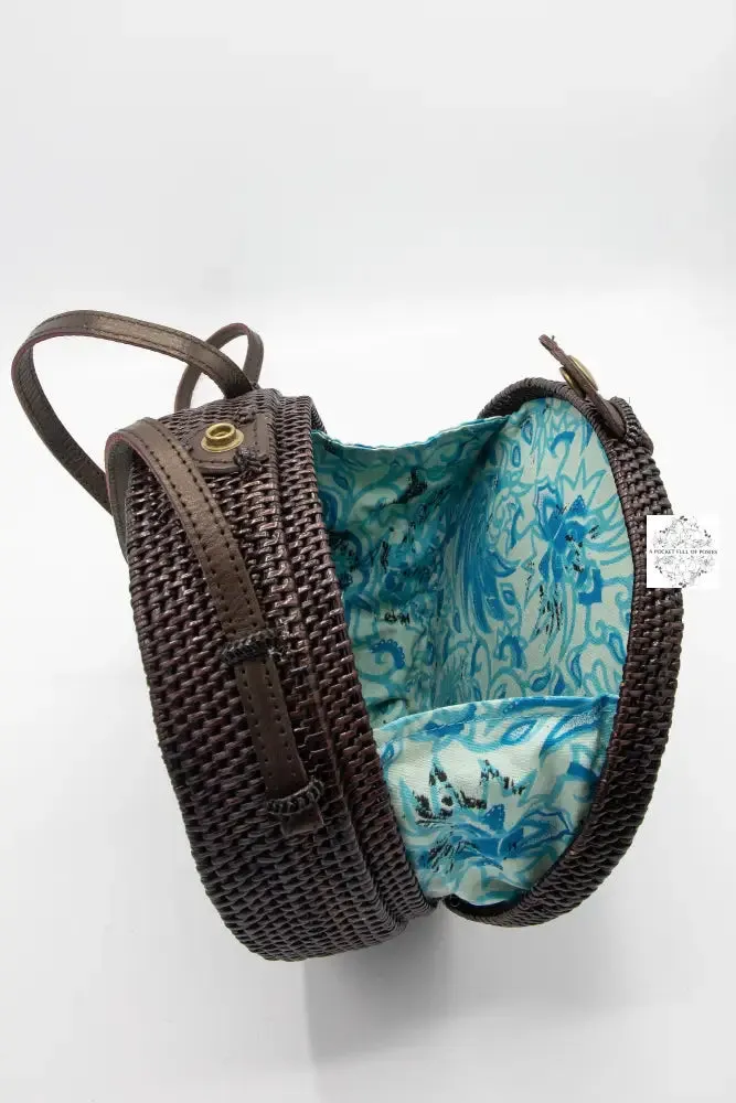 Round Espresso-Wine Ata Straw Bag-Crossbody Strap - Natural Round 8" Rattan Bag, Also in Black-Boho Wicker, Batik Lining, Bali