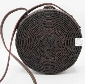 Round Espresso-Wine Ata Straw Bag-Crossbody Strap - Natural Round 8" Rattan Bag, Also in Black-Boho Wicker, Batik Lining, Bali