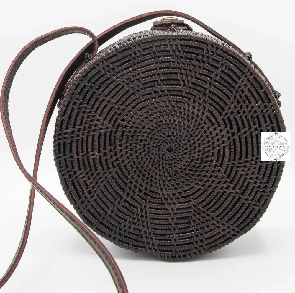 Round Espresso-Wine Ata Straw Bag-Crossbody Strap - Natural Round 8" Rattan Bag, Also in Black-Boho Wicker, Batik Lining, Bali