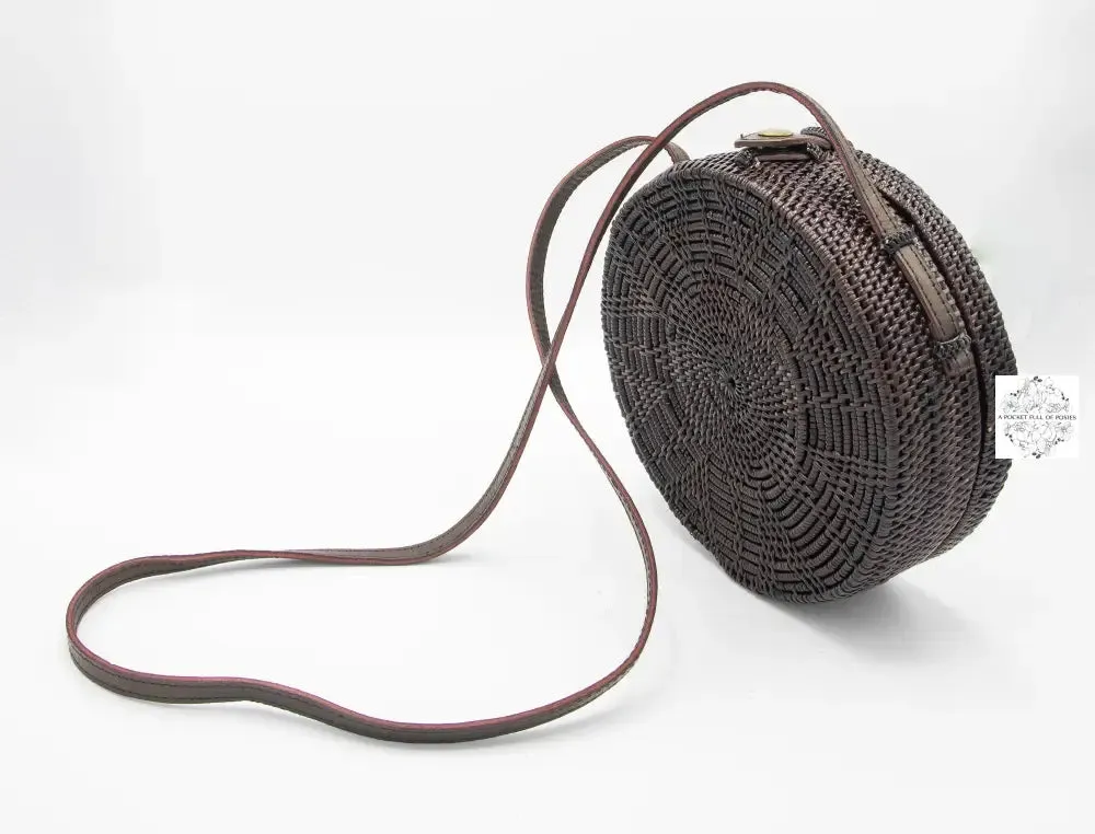 Round Espresso-Wine Ata Straw Bag-Crossbody Strap - Natural Round 8" Rattan Bag, Also in Black-Boho Wicker, Batik Lining, Bali