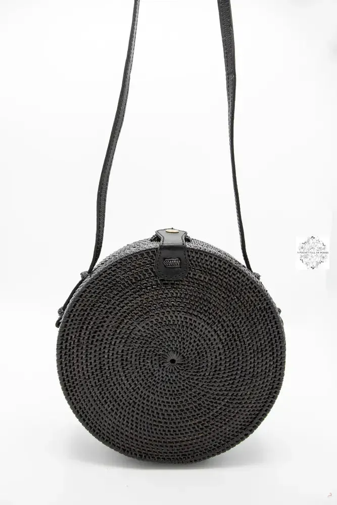 Round Espresso-Wine Ata Straw Bag-Crossbody Strap - Natural Round 8" Rattan Bag, Also in Black-Boho Wicker, Batik Lining, Bali