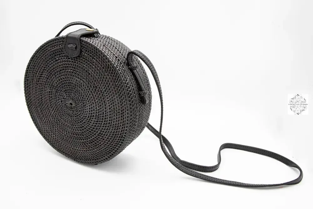 Round Espresso-Wine Ata Straw Bag-Crossbody Strap - Natural Round 8" Rattan Bag, Also in Black-Boho Wicker, Batik Lining, Bali