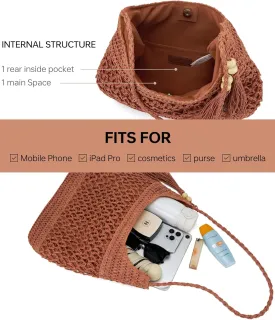 Straw Packable Large Mesh Beach Tote Hobo Crossbody Purses Straw Bags for Women Travel Woven Beach Handbag