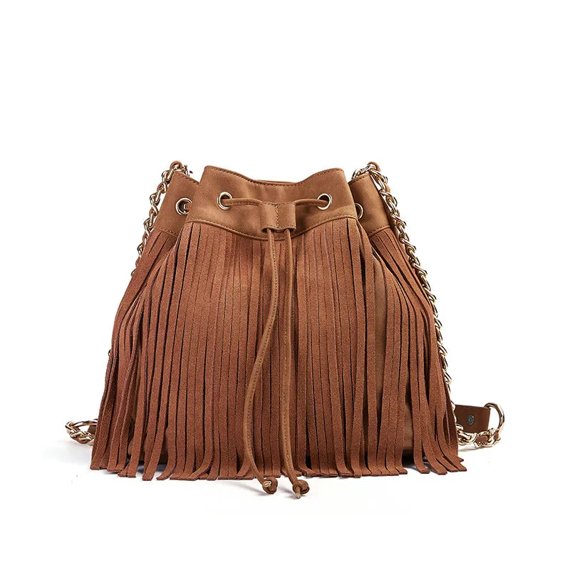 Stylish Womens Suede Bucket Bag Fringe Crossbody Boho Bag For Women