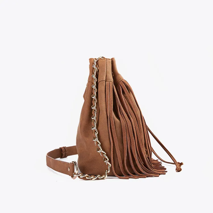 Stylish Womens Suede Bucket Bag Fringe Crossbody Boho Bag For Women