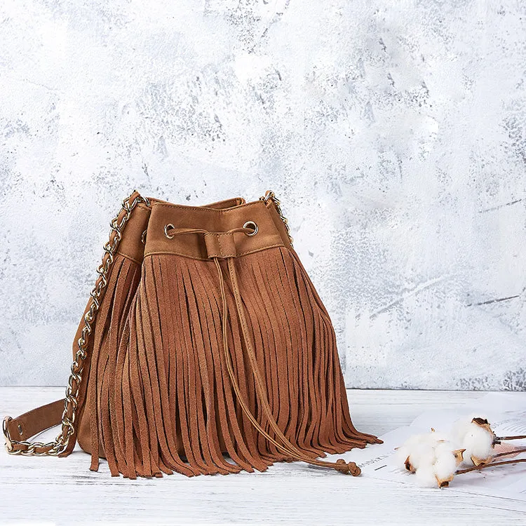 Stylish Womens Suede Bucket Bag Fringe Crossbody Boho Bag For Women