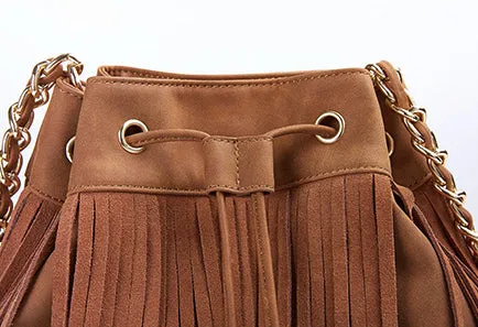 Stylish Womens Suede Bucket Bag Fringe Crossbody Boho Bag For Women
