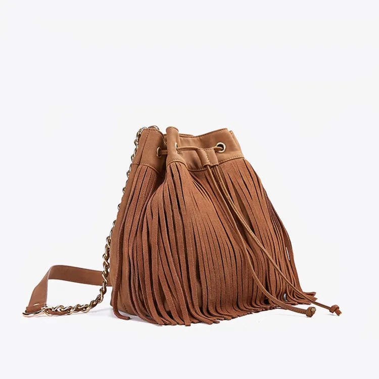 Stylish Womens Suede Bucket Bag Fringe Crossbody Boho Bag For Women