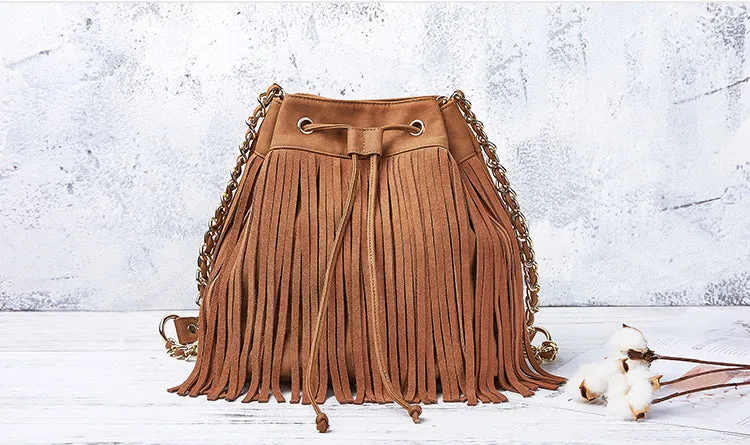Stylish Womens Suede Bucket Bag Fringe Crossbody Boho Bag For Women