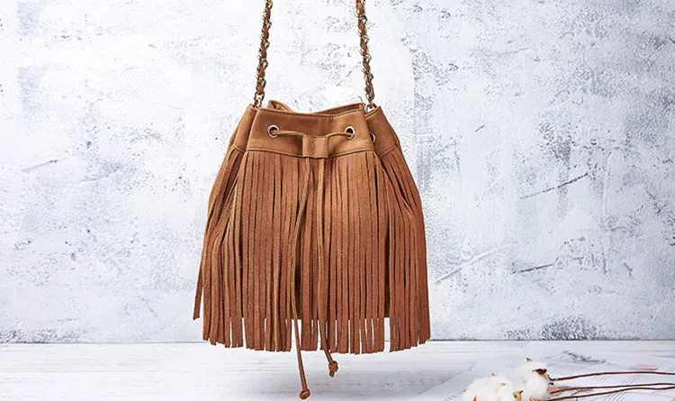 Stylish Womens Suede Bucket Bag Fringe Crossbody Boho Bag For Women