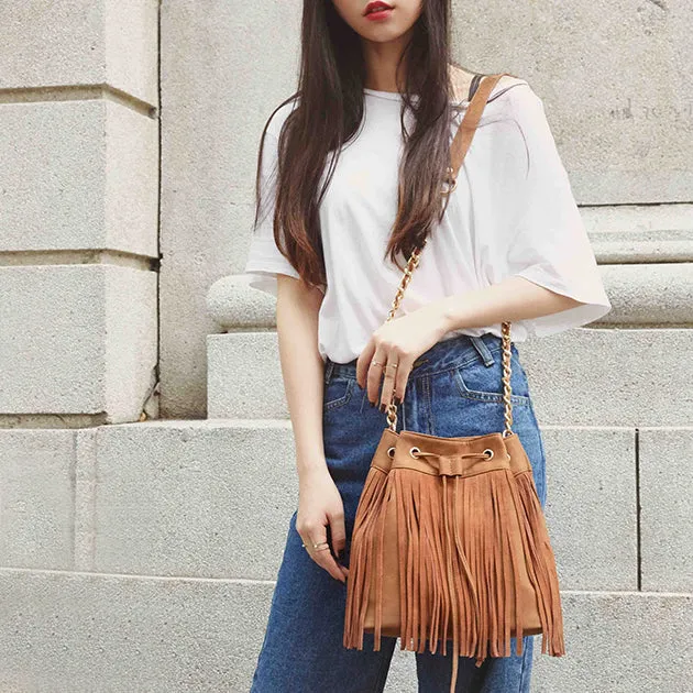 Stylish Womens Suede Bucket Bag Fringe Crossbody Boho Bag For Women