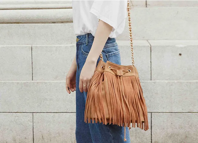 Stylish Womens Suede Bucket Bag Fringe Crossbody Boho Bag For Women