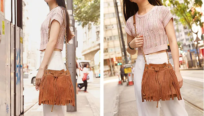 Stylish Womens Suede Bucket Bag Fringe Crossbody Boho Bag For Women