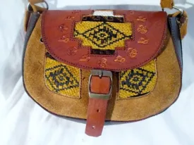 Tooled Leather Suede Hobo Shoulder Saddle Flap Bag Satchel BROWN Ethnic Woven
