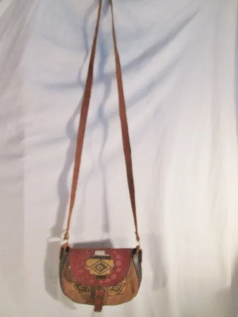 Tooled Leather Suede Hobo Shoulder Saddle Flap Bag Satchel BROWN Ethnic Woven