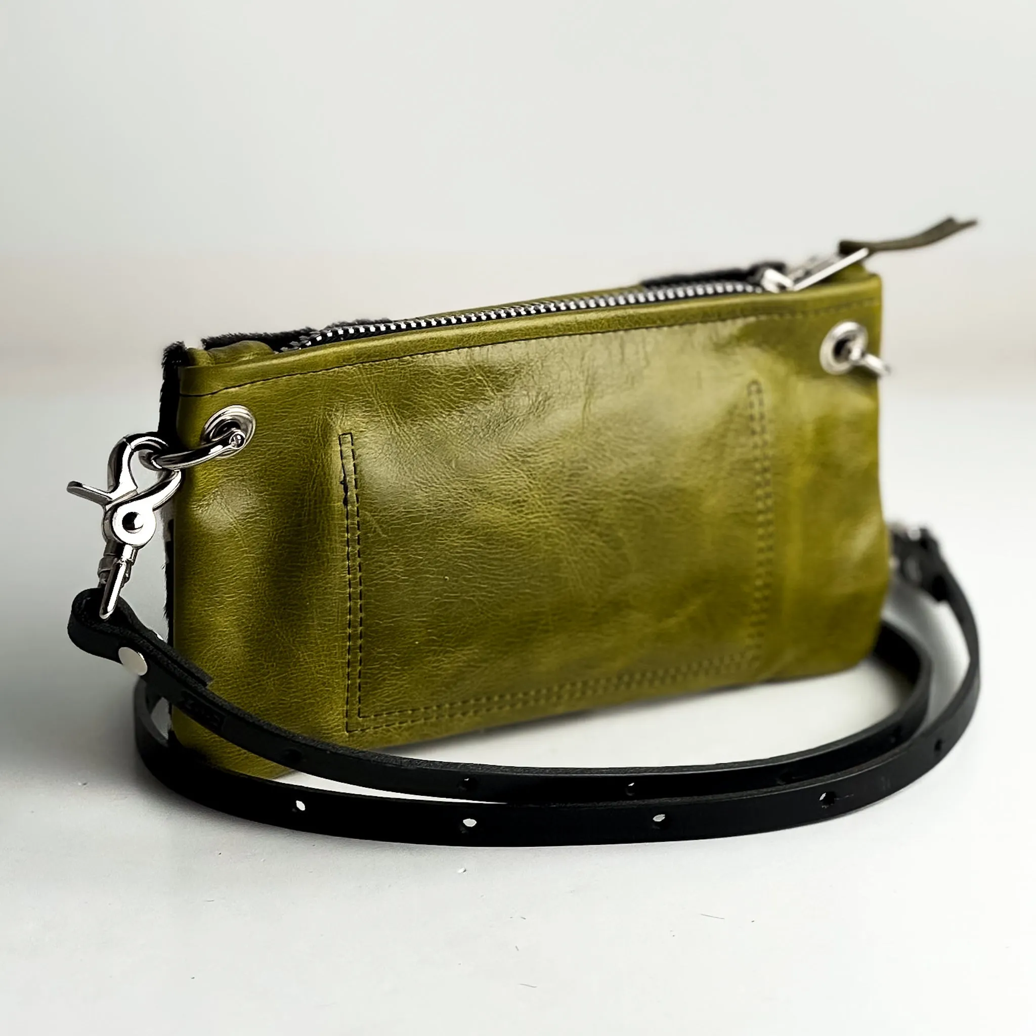 Urban Edge Collection | Belt Bag Crossbody | Newsprint Hair-on-Hide   Olive Leaf