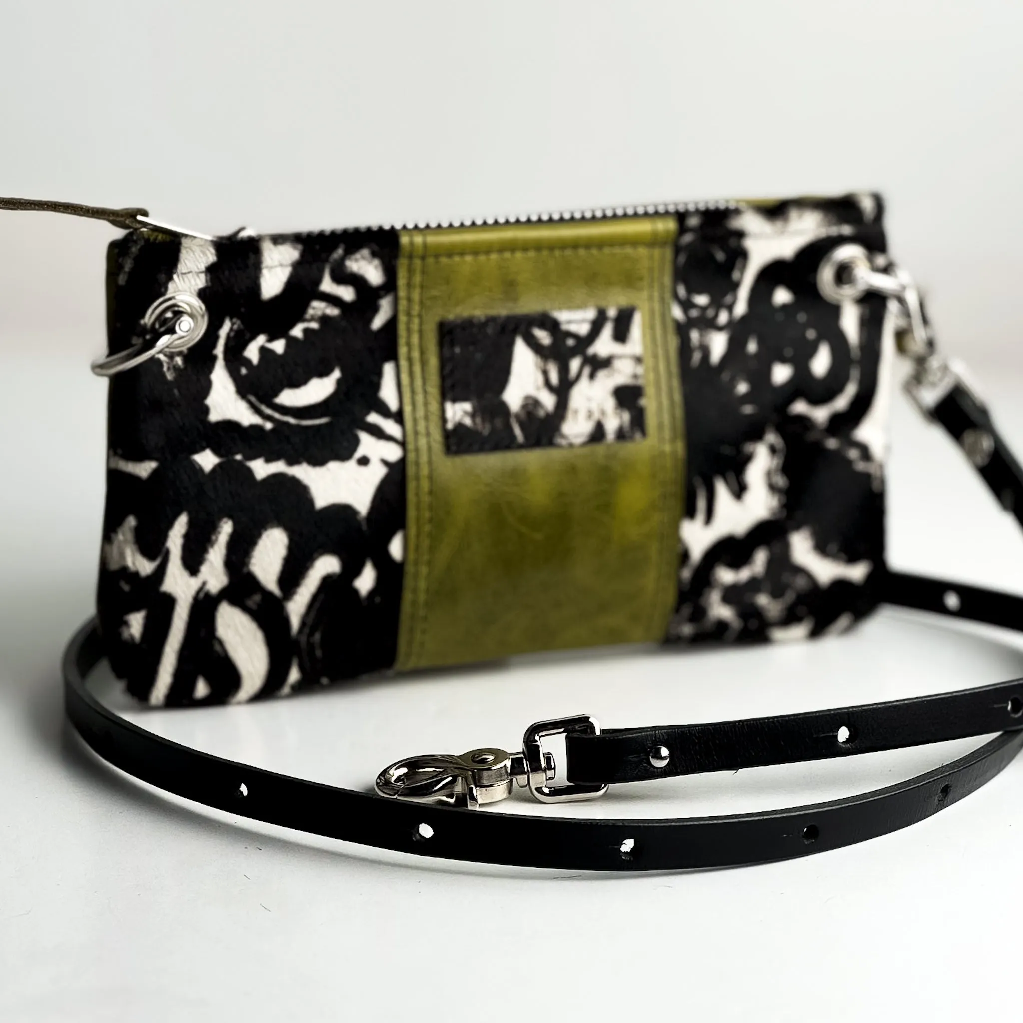 Urban Edge Collection | Belt Bag Crossbody | Newsprint Hair-on-Hide   Olive Leaf