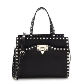 Valentino Black Grainy Calfskin Rockstud Small Top Handle Bag