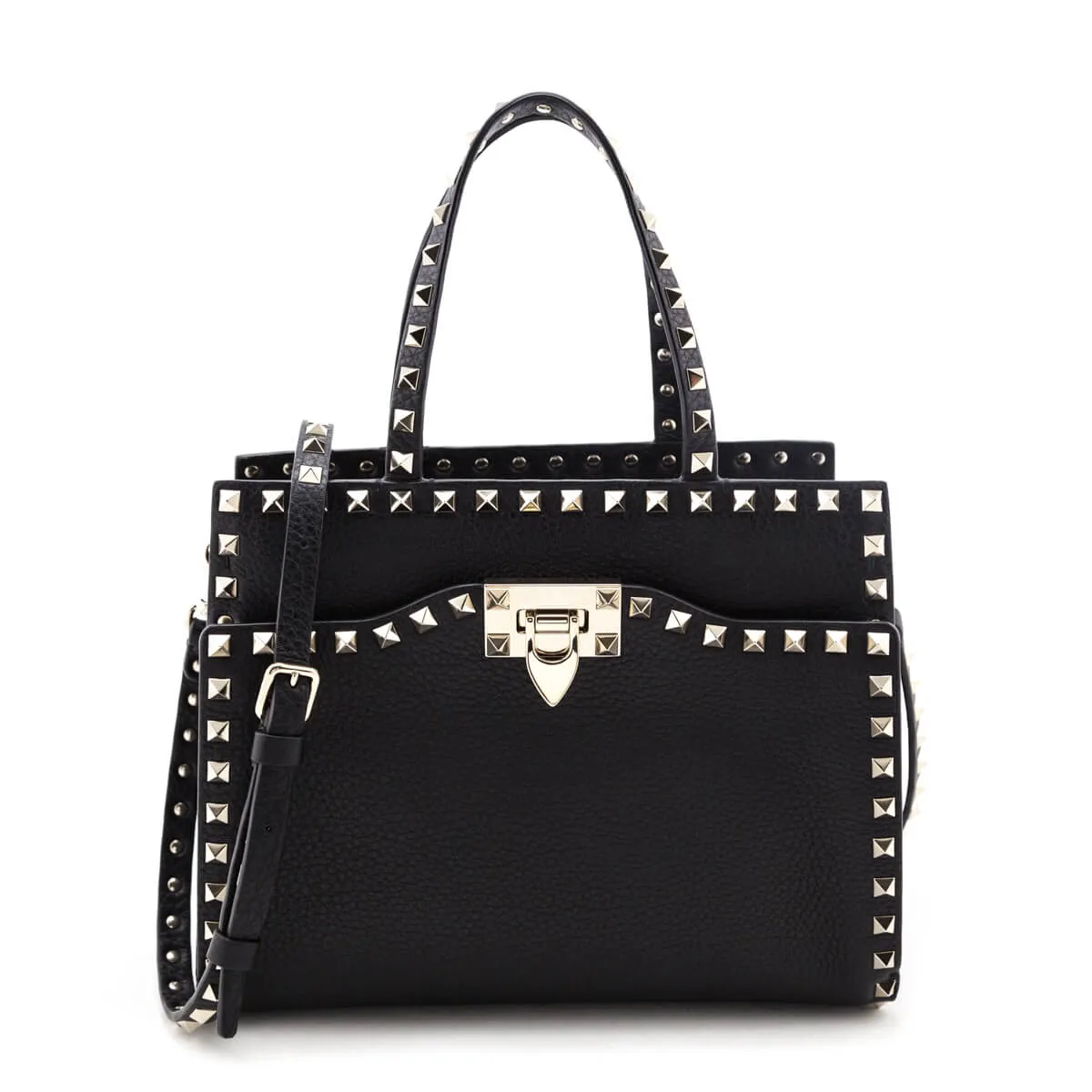 Valentino Black Grainy Calfskin Rockstud Small Top Handle Bag
