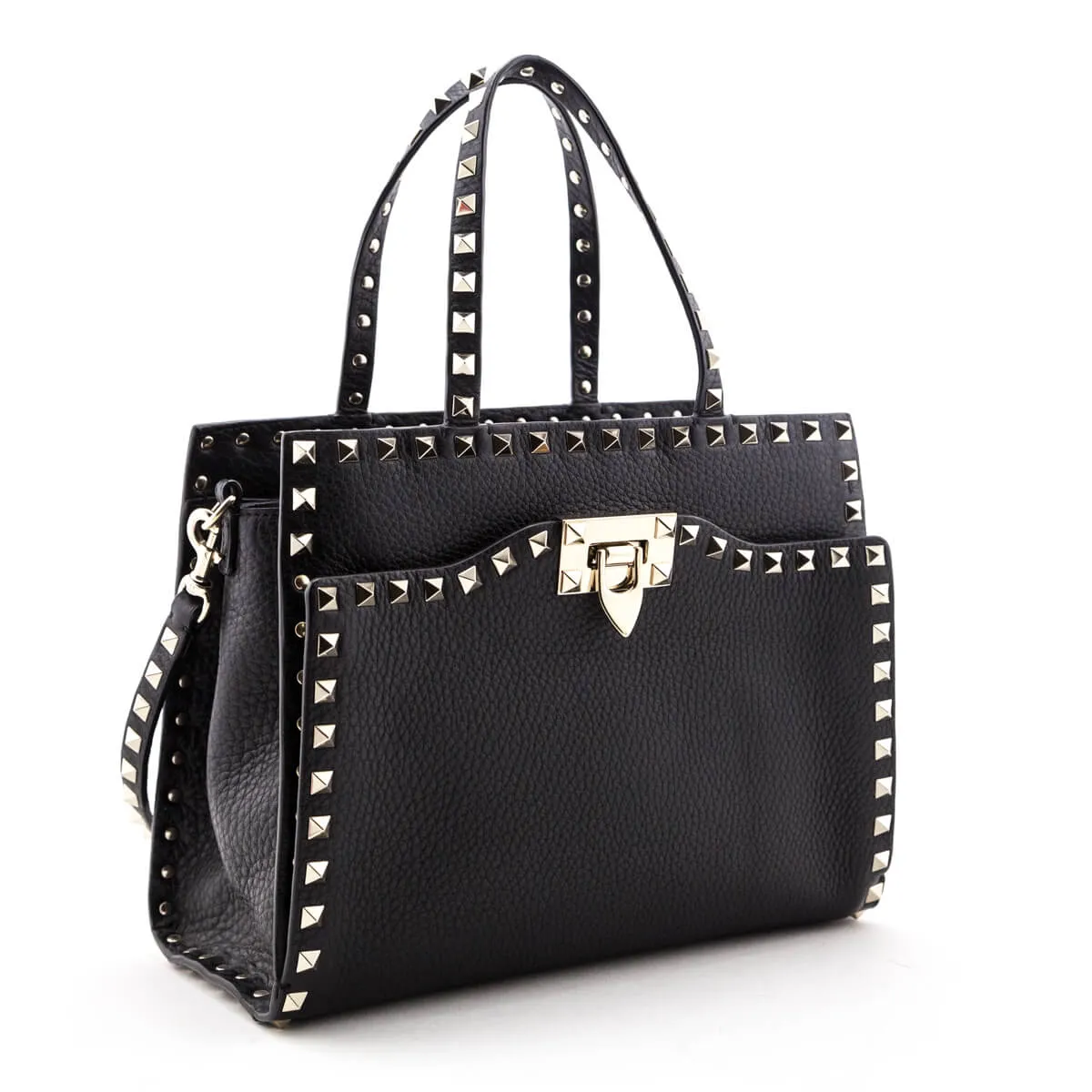 Valentino Black Grainy Calfskin Rockstud Small Top Handle Bag