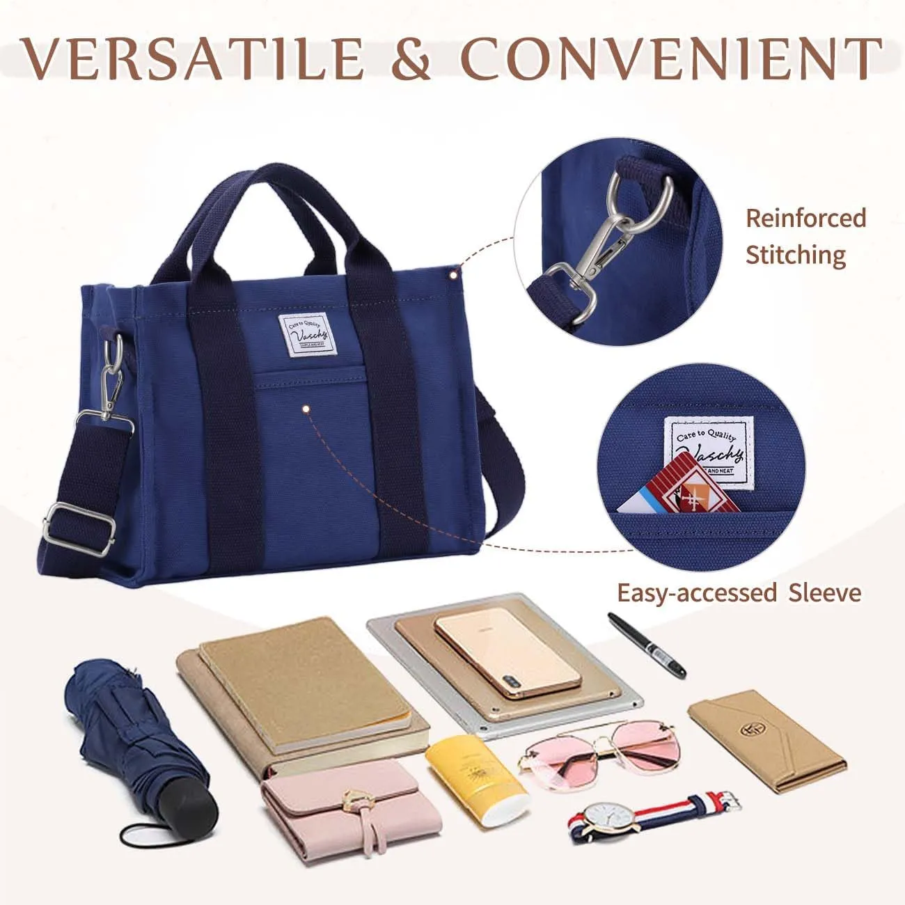 VASCHY Canvas Tote bag, Casual Reusable Work Totes for Women Teachers with Zippers Pockets Crossbody Shoulder Bag Purse