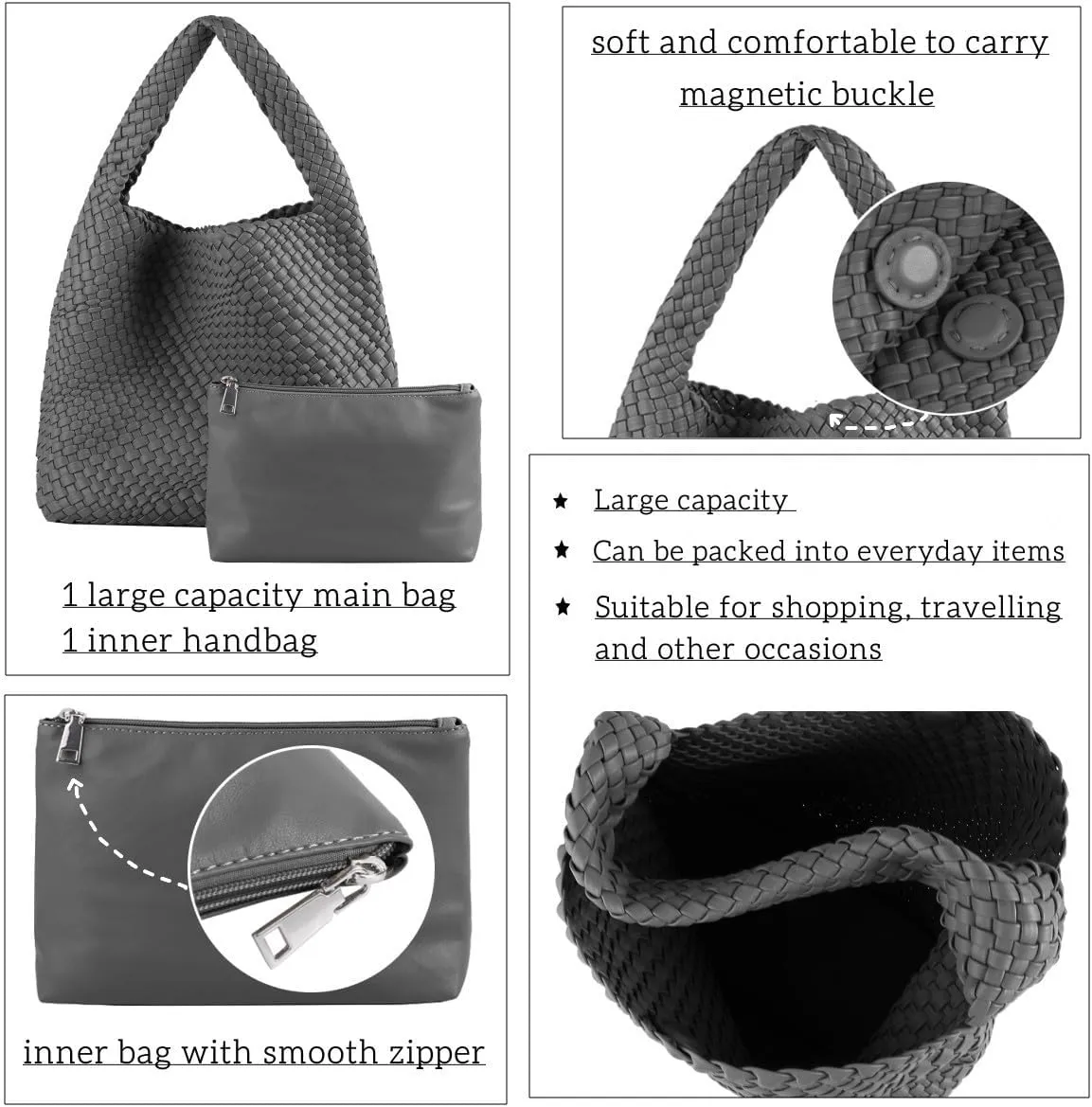 Vegan Leather Hand Woven Tote Handbag Shoulder Bag and Woven Purses Large Shopper Bag for Women
