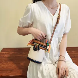 Vibrant Colorblock Cylinder Bucket Bag - Stylish Top Handle, Crossbody Design, Detachable Scarf Decoration, Soft Shoulder Strap, Spacious Interior - Perfect Fashion Purse for Women
