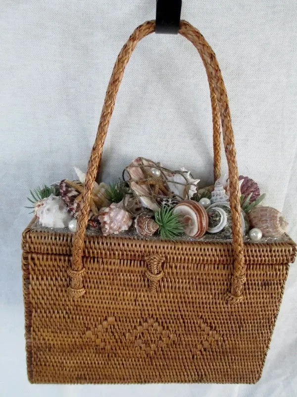 Vtg Handmade STRAW MERMAID HANDBAG Box Purse Satchel SEASHELL RARE!