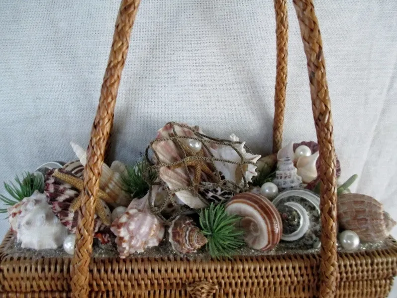 Vtg Handmade STRAW MERMAID HANDBAG Box Purse Satchel SEASHELL RARE!