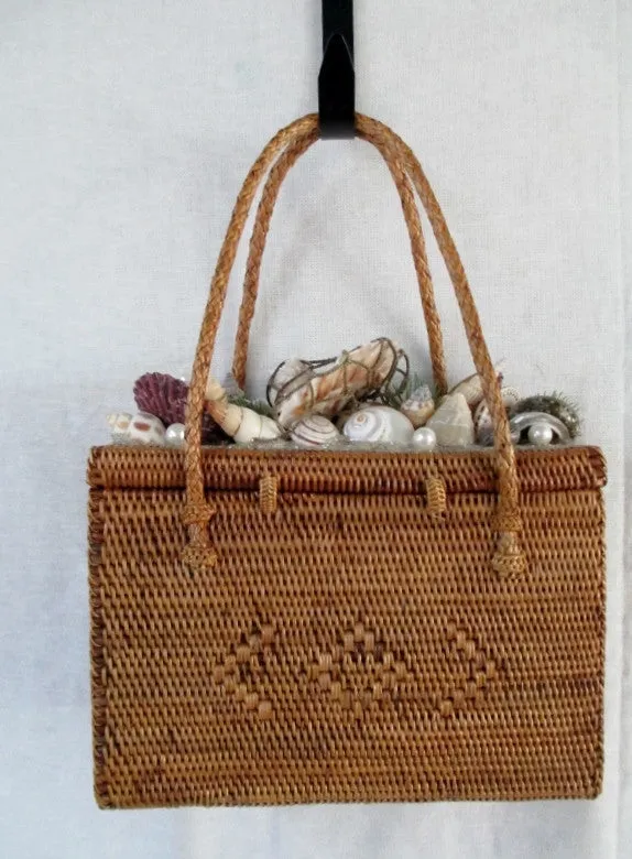 Vtg Handmade STRAW MERMAID HANDBAG Box Purse Satchel SEASHELL RARE!