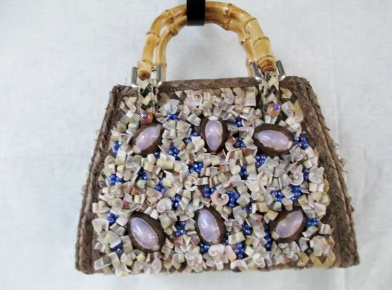 Vtg HARI TAYLOR NASSAU STRAW MERMAID HANDBAG Box Purse Satchel SEASHELL RARE!